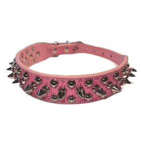Spiked Studded Leather Dog Collar Rivets Pet Small Large Cat Pit Bull Adjustable (Color: Pink Sparkle, size: L)